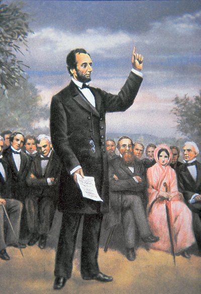 Abraham Lincoln pronunciando el discurso de Gettysburg en Gettysburg, Pensilvania, noviembre de 1863 de American School