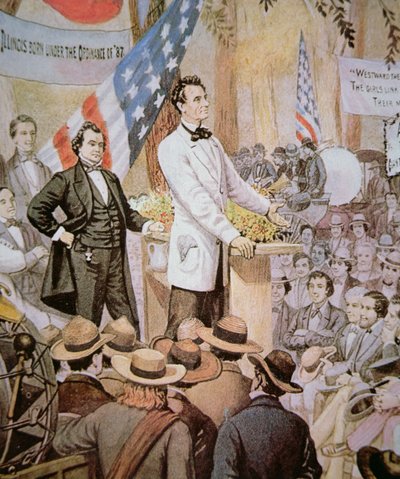 Abraham Lincoln (1809-65) en debate público con Stephen A. Douglas (1813-61) en Illinois de American School