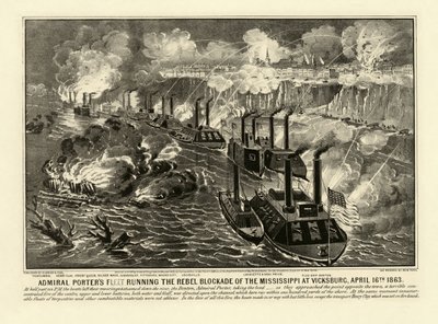 La flota del Almirante Porter rompiendo el bloqueo rebelde del Mississippi en Vicksburg, 16 de abril de 1863, pub. 1863 de American School