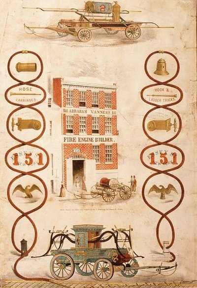 Anuncio de Abraham Vanness, constructor de bombas de incendios y fabricante de equipos de lucha contra incendios, pub. por Geo. G. Gratacap, Nueva York, c.1850 de American School