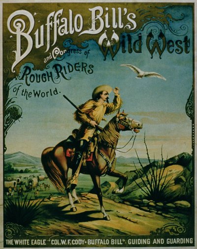 Anuncio del Salvaje Oeste de Buffalo Bill y el Congreso de Jinetes Rudos del Mundo de American School