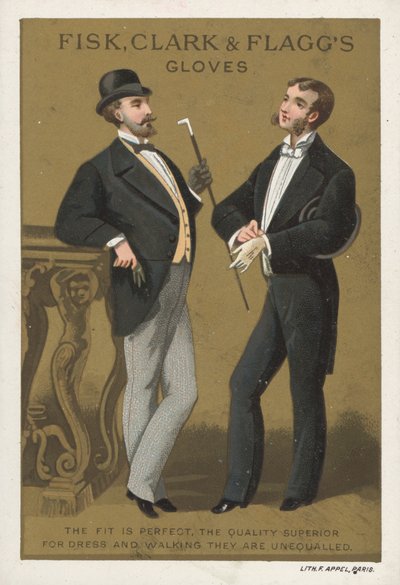 Anuncio de los guantes de Fisk, Clark & Fagg (chromolitho) de American School