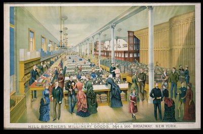 Anuncio de productos de sombrerería de Hill Bros. con una vista interior de la sala de ventas principal de American School