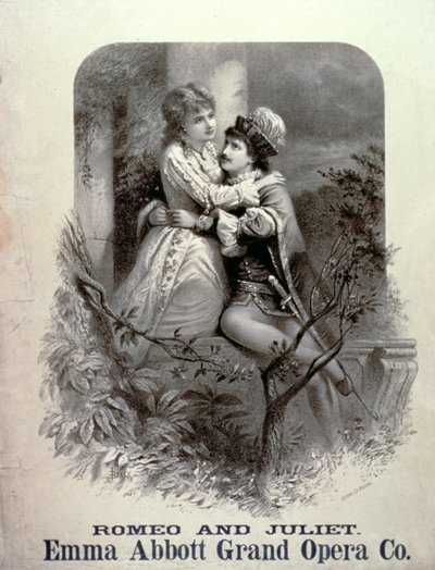 Anuncio de Romeo y Julieta, protagonizada por Emma Abbott, Grand Opera Company de American School