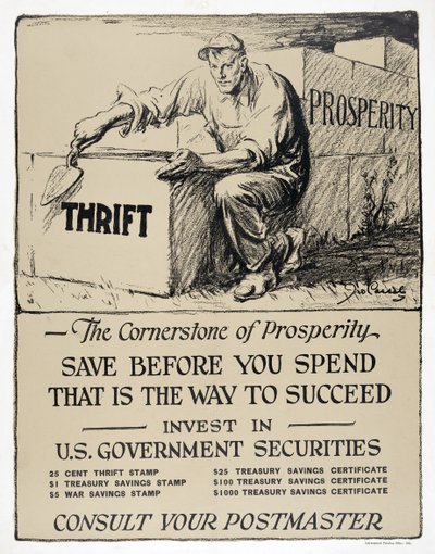 Anuncio de bonos del Gobierno de EE.UU., "La piedra angular de la prosperidad", pub.1921 (litografía) de American School