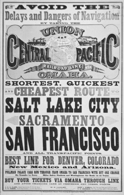 Anuncio de la Línea de Ferrocarril Union y Central Pacific, c.1870 de American School