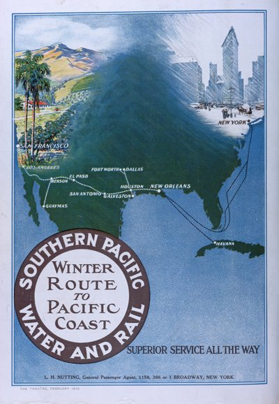Anuncio de la Ruta de Invierno a la Costa del Pacífico del Southern Pacific Water and Rail, de la revista Theatre, 1910 de American School