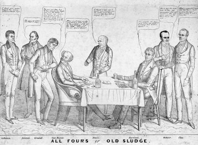 Todos los Cuatros o Viejo Lodo, caricatura política que representa al presidente Martin Van Buren (1782-1862) jugando a las cartas contra William Henry Harrison (1773-1841) entre otros estadistas y políticos, 1836 de American School