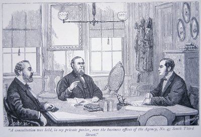 Allan Pinkerton en consulta con clientes en su oficina de Filadelfia de American School