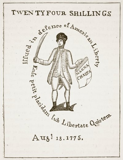 Billete de crédito americano, 1775, ilustración de Cassells Illustrated History of England de American School