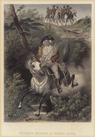 Escape del General Americano Israel Putnam de los británicos en Horse Neck, Connecticut, Guerra de Independencia Americana de American School