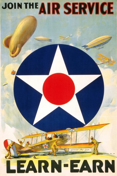 Cartel estadounidense “Únete al Servicio Aéreo Aprende - gana.” editado entre 1917 y 1920 de American School