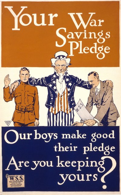 Cartel americano para fomentar el compromiso en el ejército: "Tu promesa de ahorro de guerra - Nuestros chicos cumplen su promesa. ¿Estás cumpliendo la tuya? editado por el Gobierno de los Estados Unidos. 1917 de American School