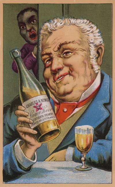 Tarjeta comercial estadounidense que anuncia la cerveza lager Charles A King, Boston, Massachusetts de American School