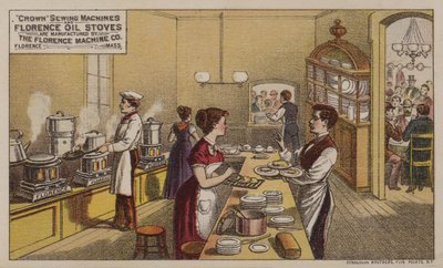 Tarjeta comercial estadounidense que anuncia máquinas de coser y estufas de aceite fabricadas por la Florence Machine Company, Massachusetts, c.1880s de American School