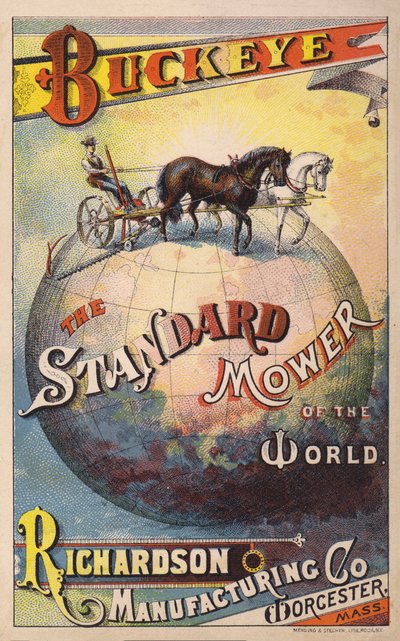 Tarjeta comercial americana que anuncia la segadora tirada por caballos Buckeye de la Richardson Manufacturing Company, c.1880s de American School