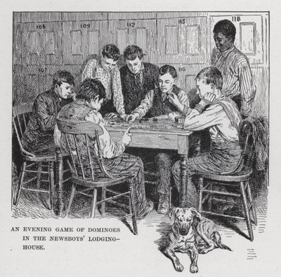 Un juego vespertino de dominó en la casa de alojamiento de los vendedores de periódicos (litografía) de American School