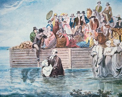 Anabaptistas de Filadelfia presencian un bautismo por inmersión total en un río de American School
