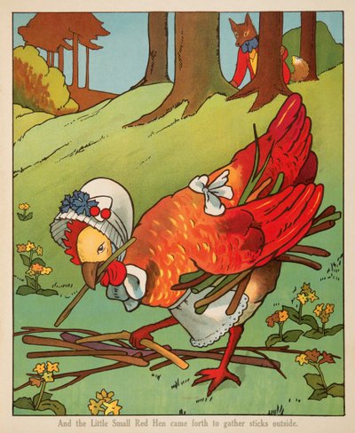 "Y la pequeña gallina roja salió a recoger leña afuera", de Peter Rabbit Little Red Hen and Owl and Pussy Cat pub. Charles E Graham & Co. c. 1900 (cromolitografía) de American School