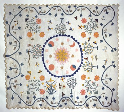 Colcha de apliques con Sol, Luna, Estrellas y el Jardín del Edén, de Arkansas, c.1850-80 de American School