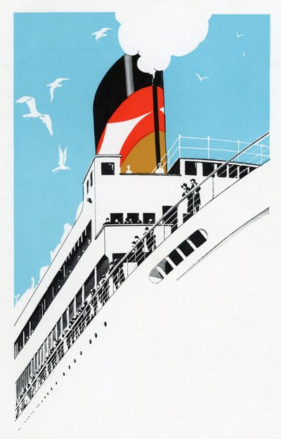 Ilustración Art Deco de un crucero con pasajeros de los años 1920 de American School