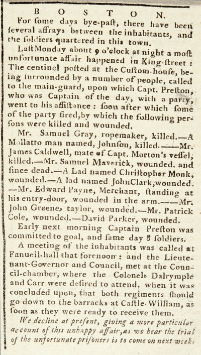 Artículo del Boston Chronicle detallando los eventos de la Masacre de Boston, 5 de marzo de 1770 de American School