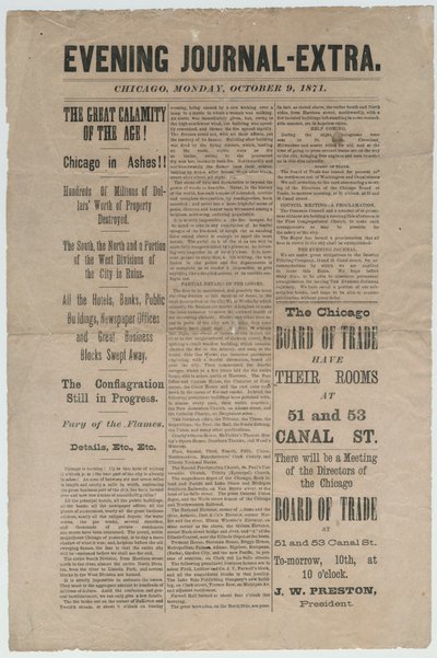 Artículo del Chicago Evening Journal-Extra sobre el incendio de Chicago de 1871, 9 de octubre de 1871 (impreso) de American School