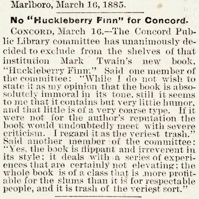 Artículo en el Boston Daily Globe sobre la prohibición de Huckleberry Finn en Concord, Massachusetts, del 16 de marzo de 1885 de American School