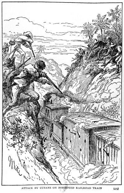 Ataque de los cubanos a un tren ferroviario fortificado, ilustración de La Historia de Cuba por Murat Halstead, publicado en 1898 de American School