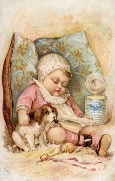 Bebé con cachorro bebiendo de una botella, anuncio de leche preservada de American School