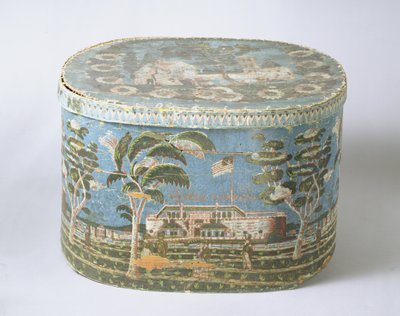 Caja de cartón cubierta con papel impreso en bloque mostrando vista de castillo, c.1835 de American School