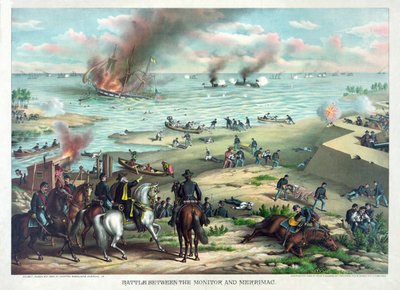 Batalla entre el Monitor y Merrimac, 9 de marzo de 1862 en Hampton Roads, cerca de Norfolk, Virginia, pub. Kurz & Allison, c.1889 de American School