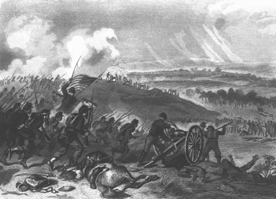 Batalla de Gettysburg - Carga final de las fuerzas de la Unión en Cemetery Hill, 1863 pub. 1865 de American School