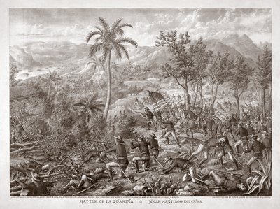 Batalla de La Quasina, cerca de Santiago de Cuba, pub. 1898 (grabado) de American School