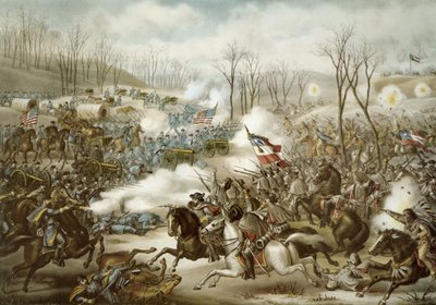 Batalla de Pea Ridge, Arkansas, 6-8 de marzo, grabado por Kurz & Allison (litografía en color) de American School