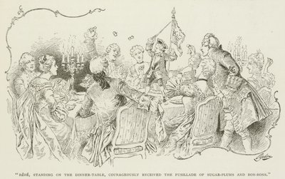 "Bebé, de pie sobre la mesa del comedor, recibió valientemente la descarga de confites y bombones" de American School