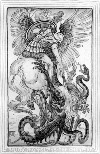 Bellepheron mata a la Quimera, tomada de The Wonder-Book for Girls and Boys escrito por Nathaniel Hawthorne, 1852 de American School