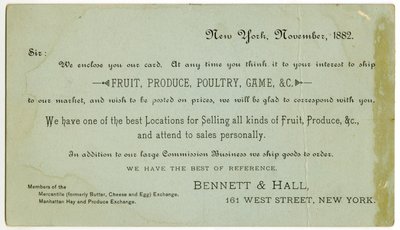 Bennett & Hall tarjeta comercial [verso], 1882 de American School