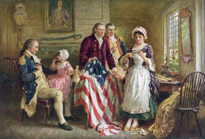Betsy Ross cosiendo la bandera estadounidense de American School