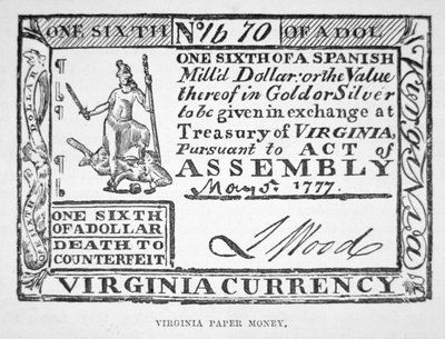 Billete por un sexto de dólar, dinero de papel de Virginia de 1777 de American School