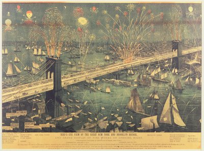 Vista aérea del Gran Puente de Nueva York y Brooklyn y la gran exhibición de fuegos artificiales en la noche de apertura en 1883 de American School