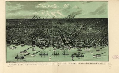 Vista aérea - mostrando aproximadamente tres millas cuadradas - de la parte central de la ciudad de Detroit, Michigan, c.1889 de American School