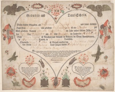 Certificado de nacimiento y bautismo para Maria Catharina Raup c.1806 de American School