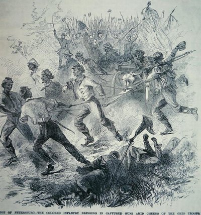 Tropas negras del Ejército de la Unión traen armas capturadas durante el asedio de Petersburg (1864-65) (litografía) de American School