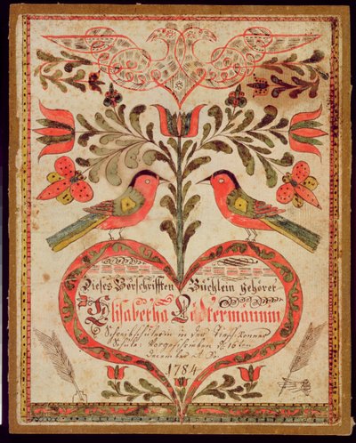 Marcapáginas que representa dos pájaros y un corazón, 1784 de American School