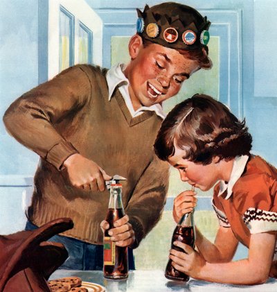 Niño y niña disfrutando felices de refrescos de American School