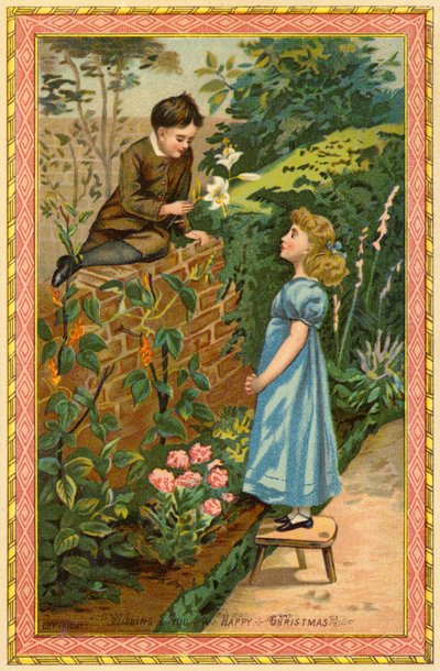 Niño sentado en una pared ofreciendo flores a una niña de American School