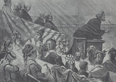 Brigham Young observado por sus muchas esposas jóvenes mientras predica en el Gran Tabernáculo Mormón, Utah de American School
