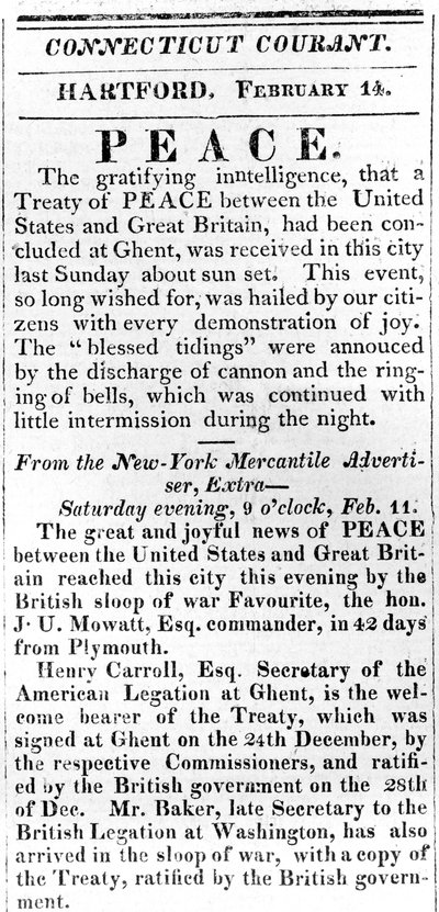 Hoja suelta anunciando la paz entre EE.UU. y Gran Bretaña después de la Guerra de 1812, impreso en el Connecticut Courant, 1815 de American School