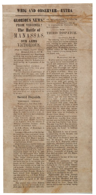 Cartel anunciando la Primera Batalla de Manassas, Whig and Observer Extra, después del 22 de julio de 1861 de American School